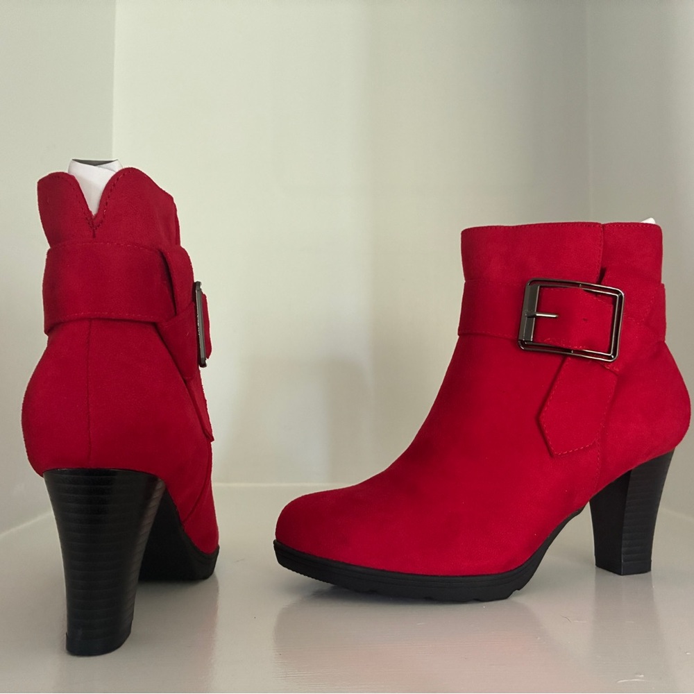 Red Heeled Boots with Block Heels and Buckle Detail